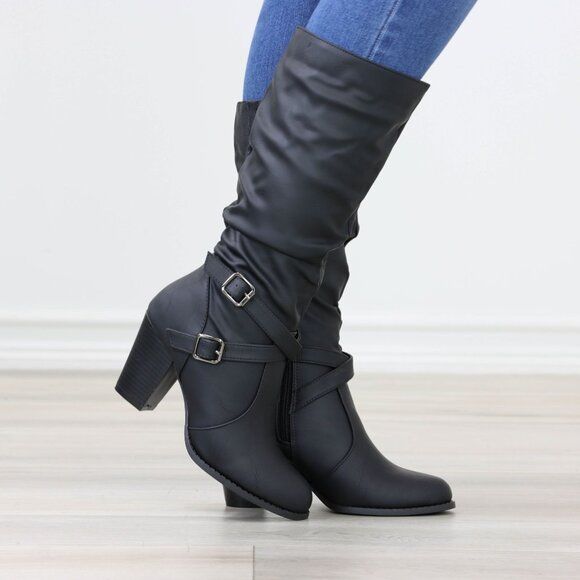 Black Mid Calf Block Heeled Boots Synthetic Leather Pointed Toe Womens - Picture 4 of 16